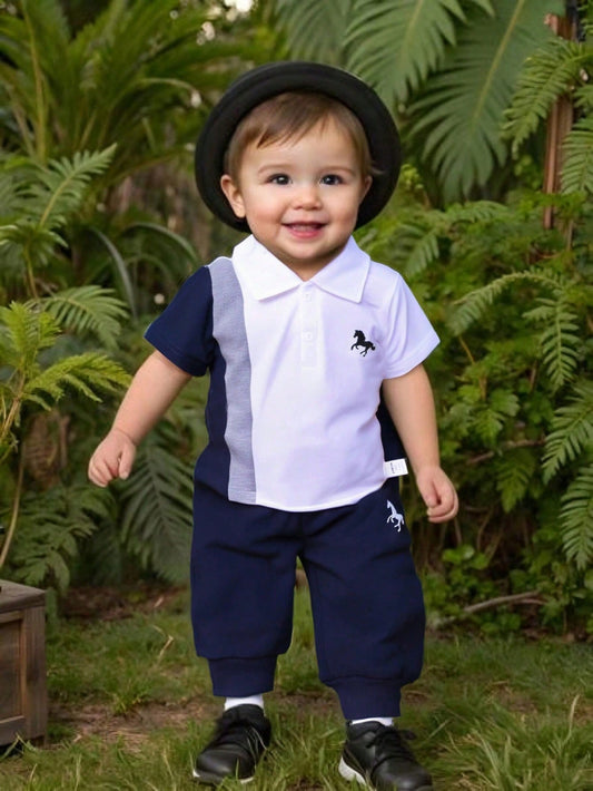 Conjunto 2 piezas de parte superior de manga corta con cuello de polo y pantalones con estampados sofisticados