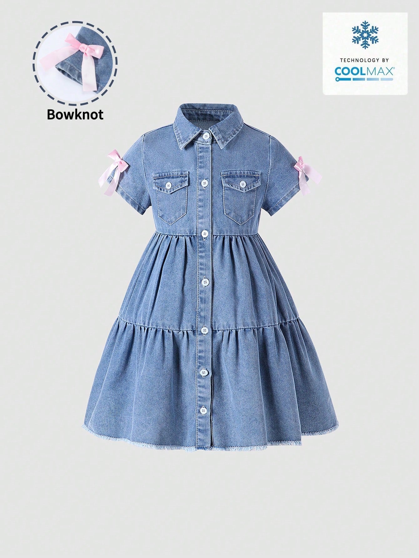 Vestido vaquero largo de manga corta con cuello decorativo de lazo, con lavado claro, de estilo suelto, casual y cómodo para niñas