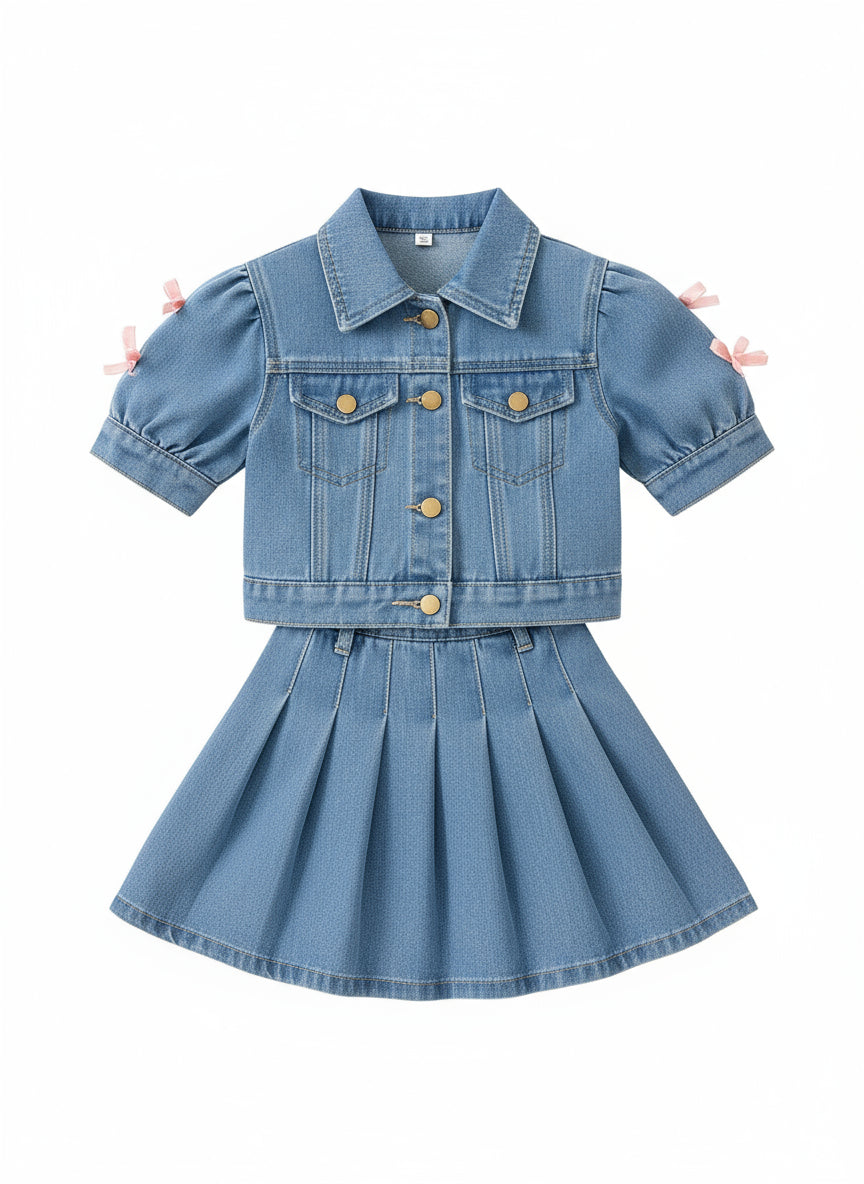 Young Girl Casual Cute Color-Block Short Sleeve Button-Up Top with Bow Detail and Pleated Denim Skirt Set