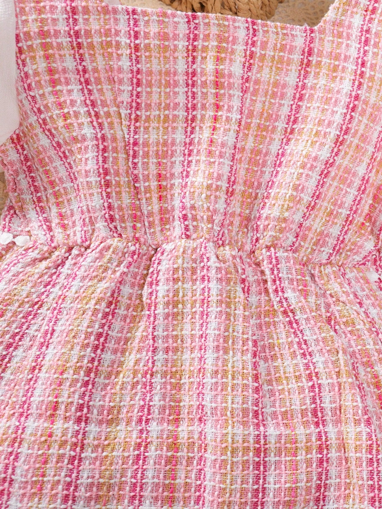 Young Girl Elegant Puff Sleeve Plaid Dress with Pearl Button, Summer