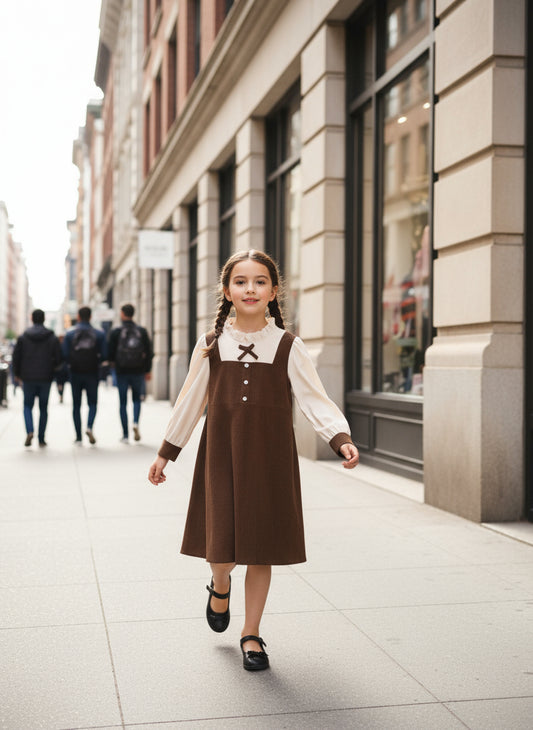 Teenagers Girls Cute Bow Pathwork Long Sleeve Dress Fall and Spring Clothes Elegant Casual Wear