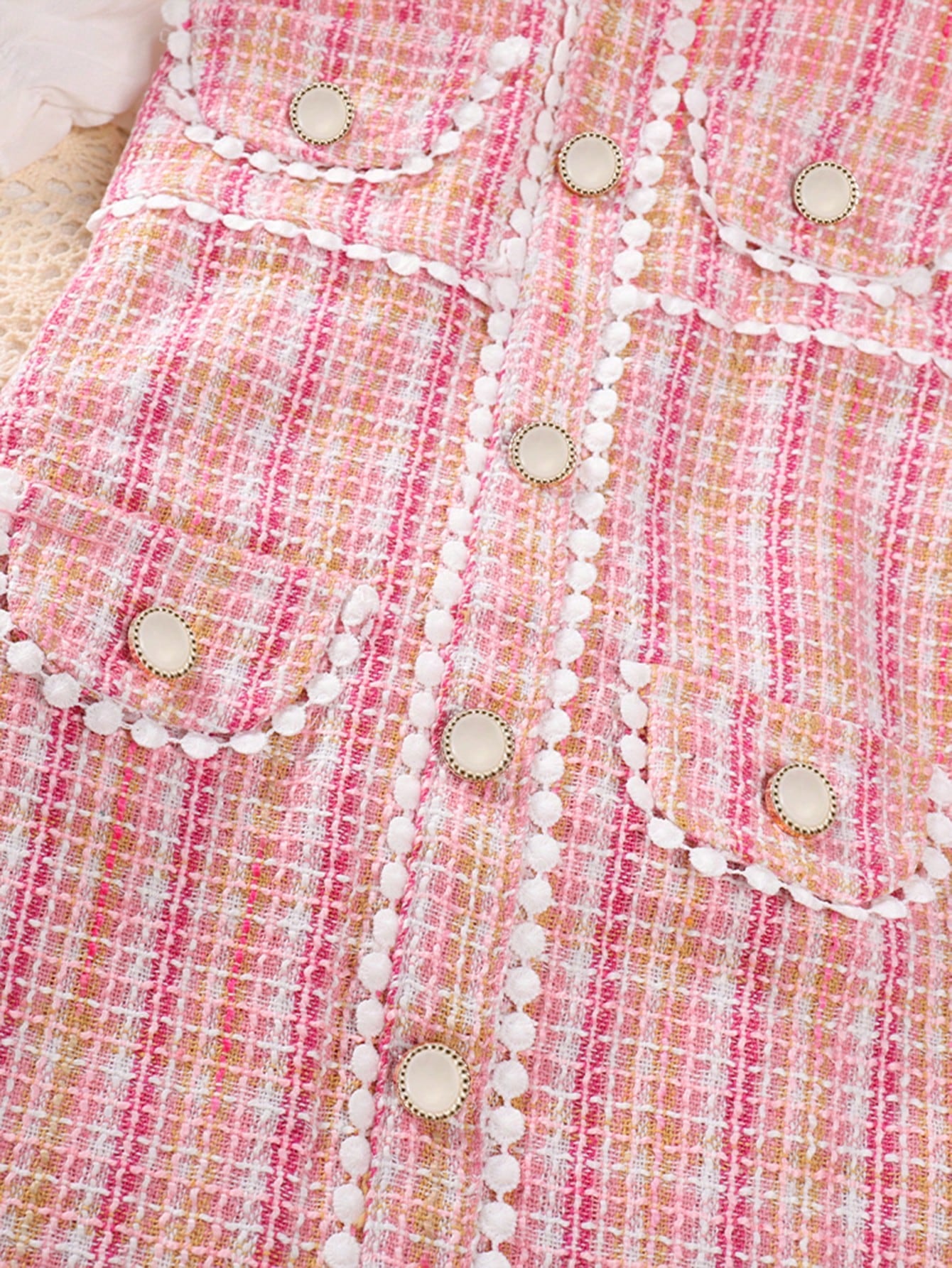 Young Girl Elegant Puff Sleeve Plaid Dress with Pearl Button, Summer