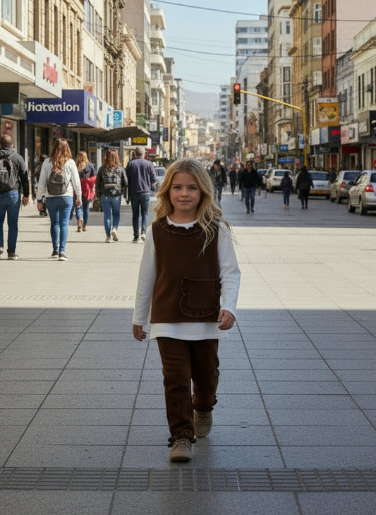 Young Girls 3Pcs Casual Plain Half Collar Base Shirt & Side Pockets Vest & Lace Trousers for Autumn and Wintter