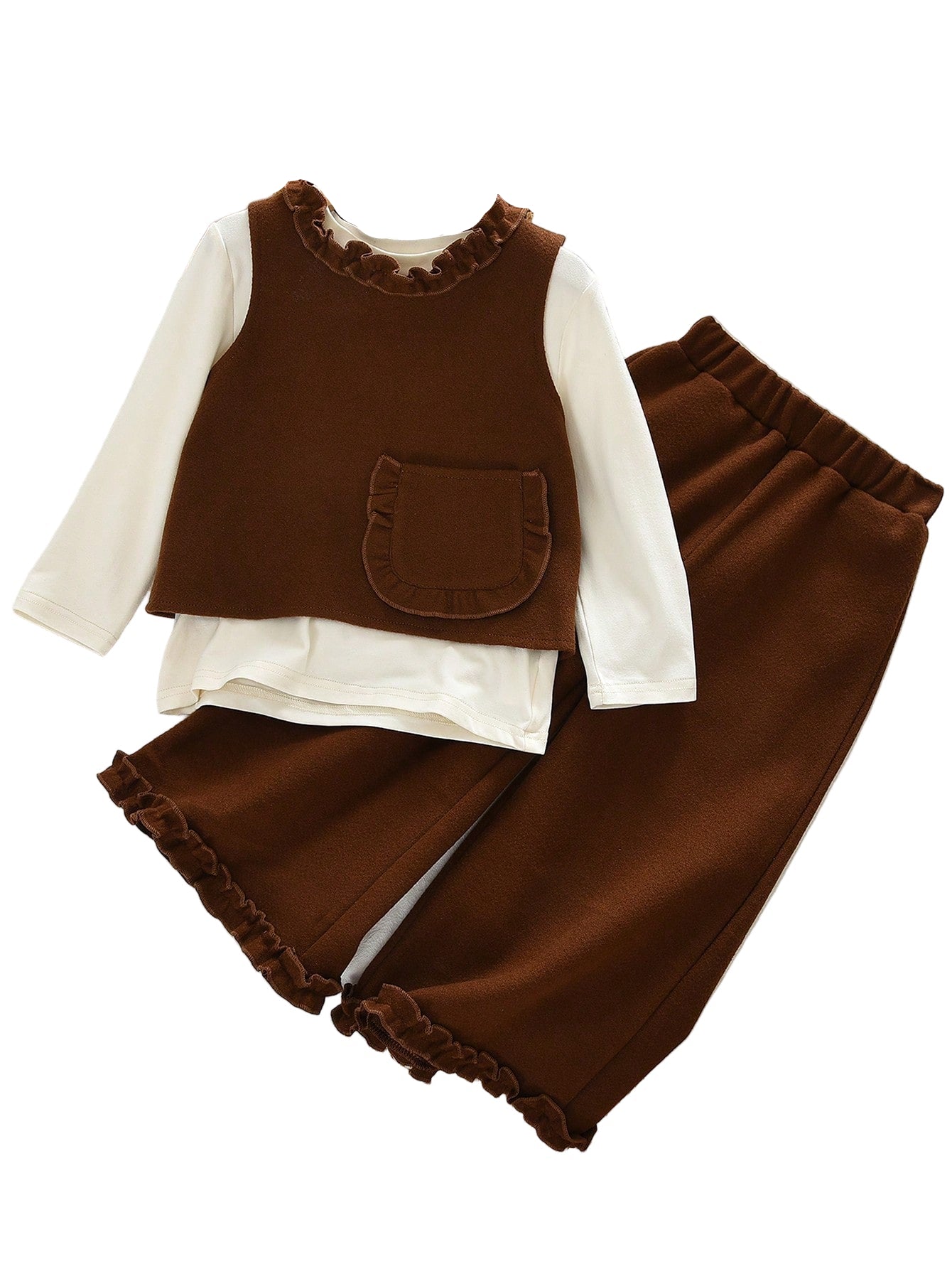 Conjunto 3 piezas camisa lisa con cuello medio, chaleco con bolsillos laterales y pantalones de encaje para otoño e invierno - AltaElegance