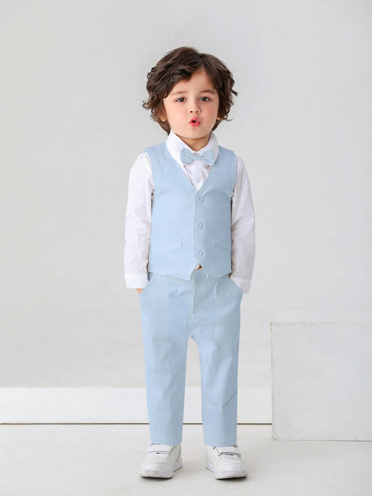 Conjunto de 3 piezas camisa blanca de manga larga con corbata de moño, chaleco y pantalon elegante