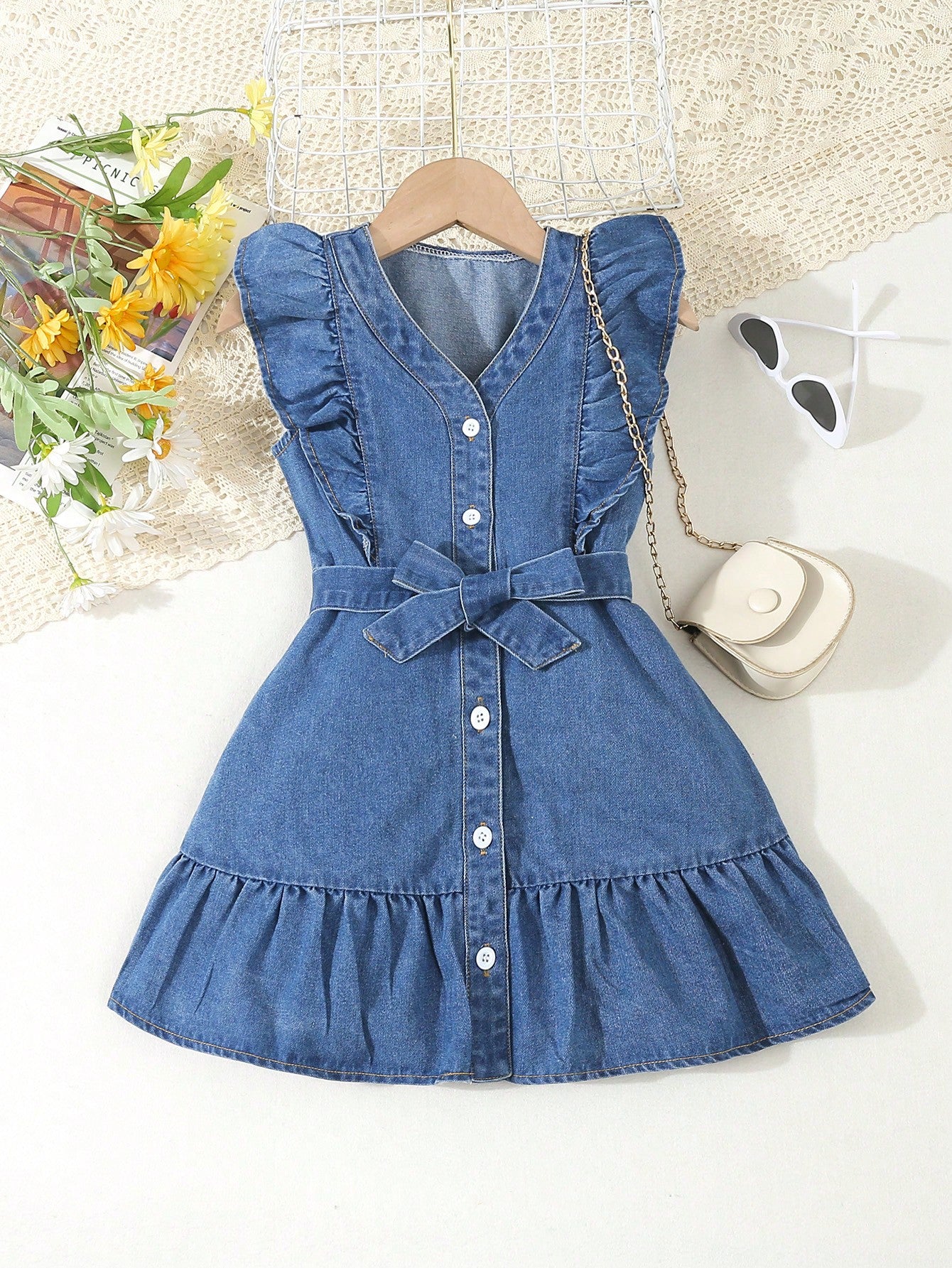 SHEIN Vintaside Kids Vestido de mezclilla de lavado medio azul con mangas con gorra y cinturón de cintura, estilo de vacaciones para niñas jóvenes