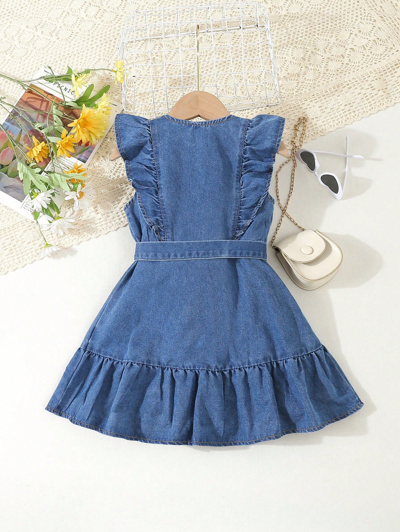 SHEIN Vintaside Kids Vestido de mezclilla de lavado medio azul con mangas con gorra y cinturón de cintura, estilo de vacaciones para niñas jóvenes