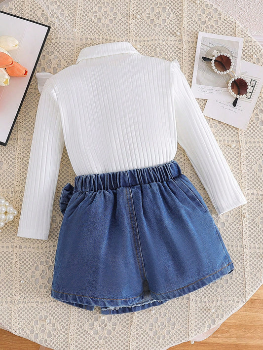 Conjunto 2 piezas de blusa de manga larga informal y falda pantalón de mezclilla