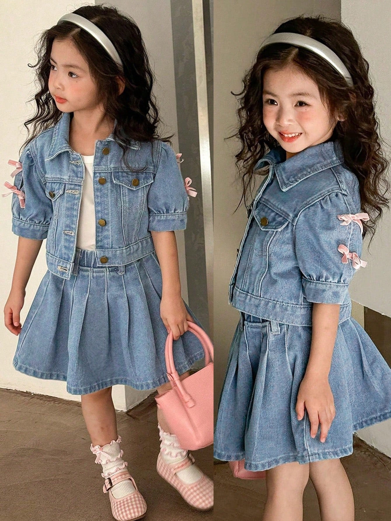 Conjunto de mezclilla casual y lindo con decoración de moño para niña joven