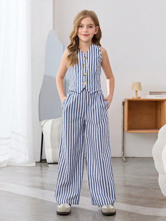 Conjunto de 2 piezas Chaleco a rayas contrastante y pantalones de pierna ancha, estilo casual de vacaciones