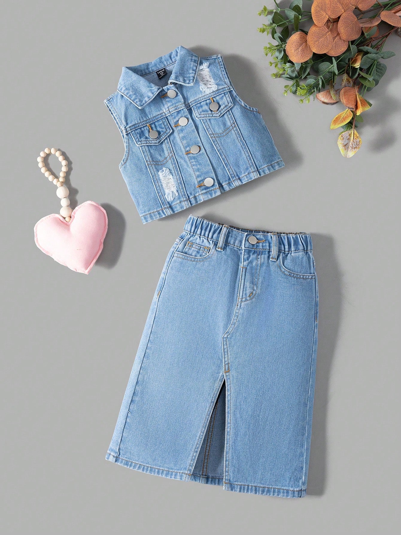 SHEIN Conjunto de denim para niña, nuevo conjunto de denim lavado minimalista y versátil
