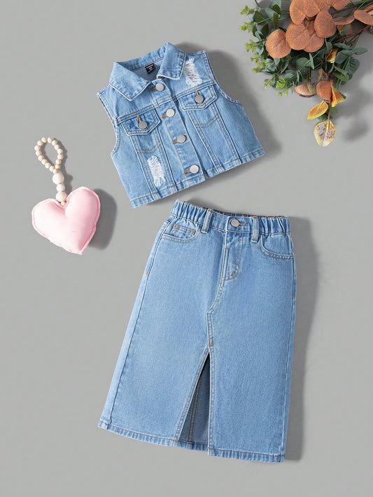 SHEIN Conjunto de denim para niña, nuevo conjunto de denim lavado minimalista y versátil