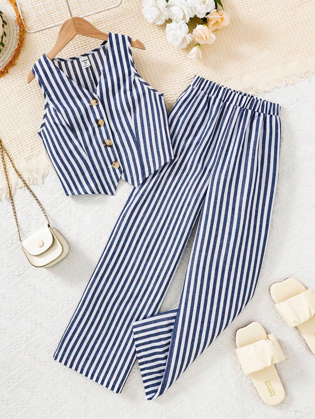 Conjunto de 2 piezas Chaleco a rayas contrastante y pantalones de pierna ancha, estilo casual de vacaciones