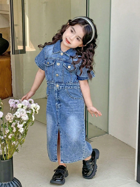 SHEIN Vestido vaquero casual de manga corta con dobladillo dividido y azul desteñido para niña, diseño minimalista y versátil, apropiado para uso diario