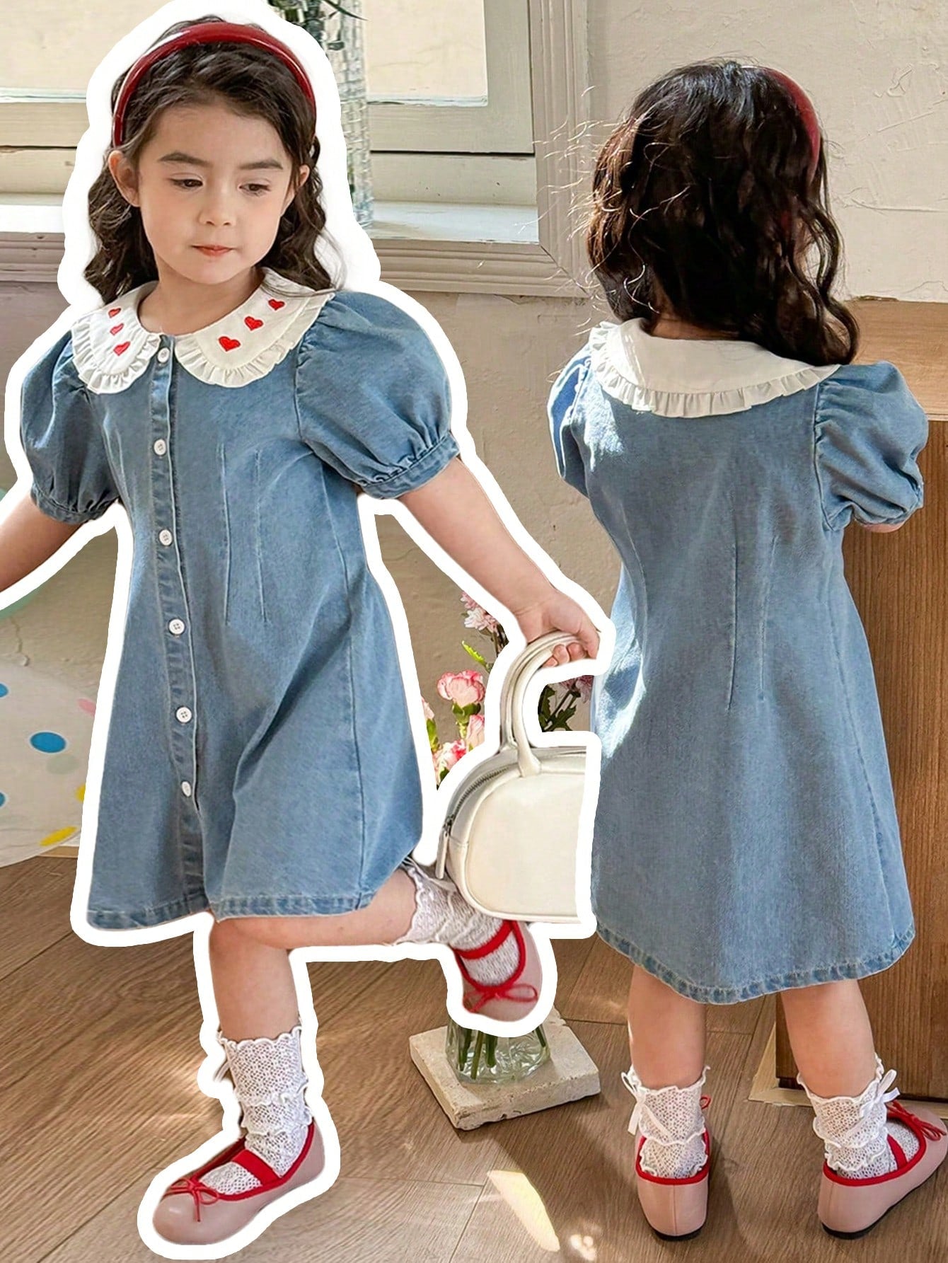 Vestido casual de mezclilla de talla para niña con cuello y mangas abullonadas