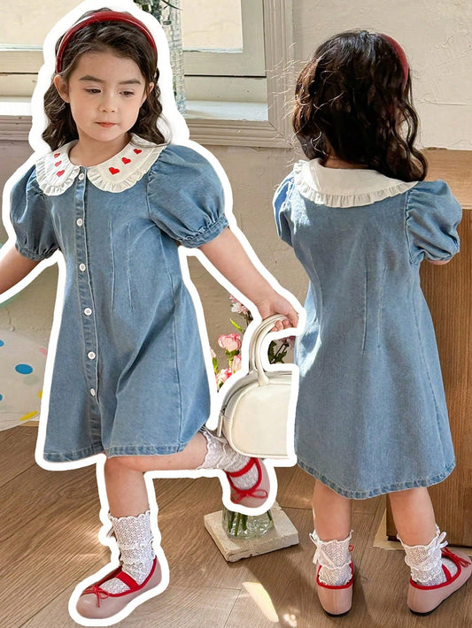 Vestido casual de mezclilla de talla para niña con cuello y mangas abullonadas