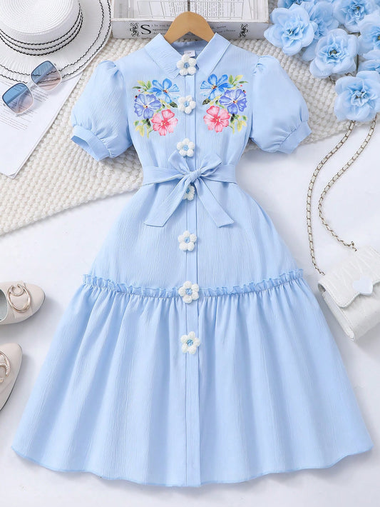 Vestido con estampado floral, cuello, manga abullonada, parte delantera abierta y cinturón