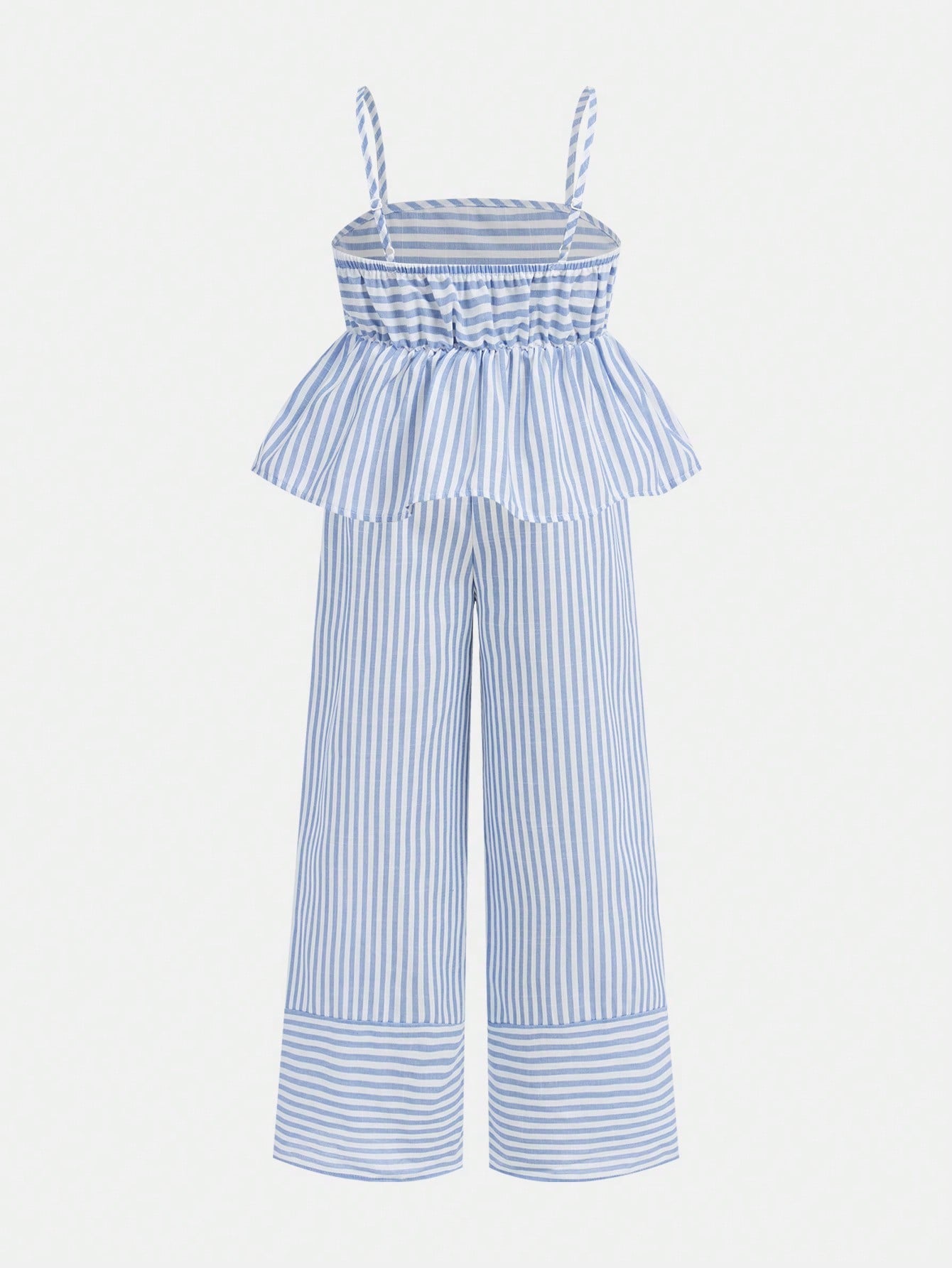 Conjunto camisola de rayas azules tejidas y pantalones de pierna ancha informal para vacaciones