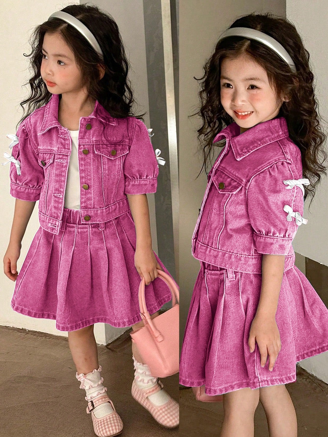 Conjunto de mezclilla casual y lindo con decoración de moño para niña joven