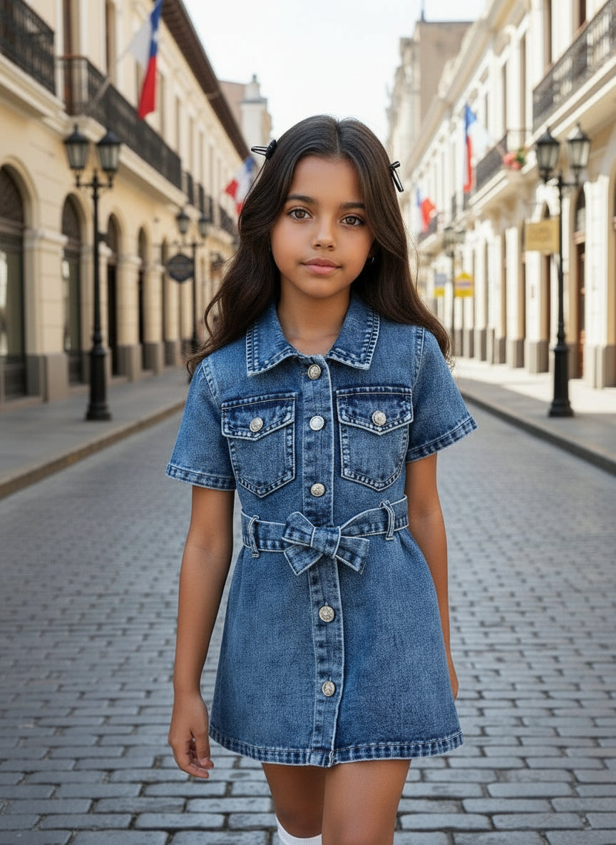 Vestido vaquero de manga corta con cinturon