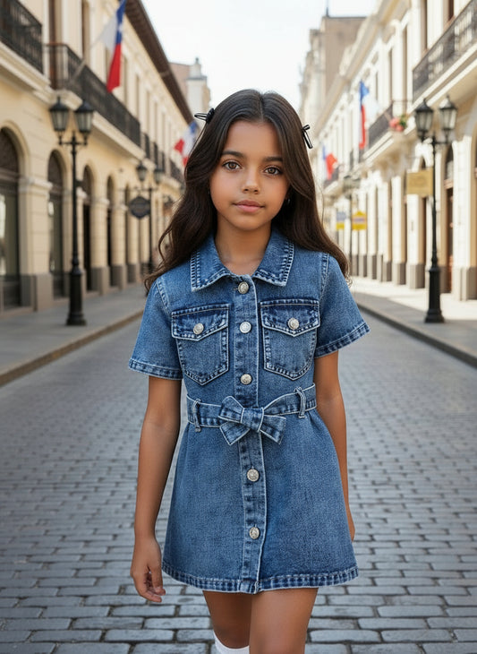 Vestido vaquero de manga corta con cinturon