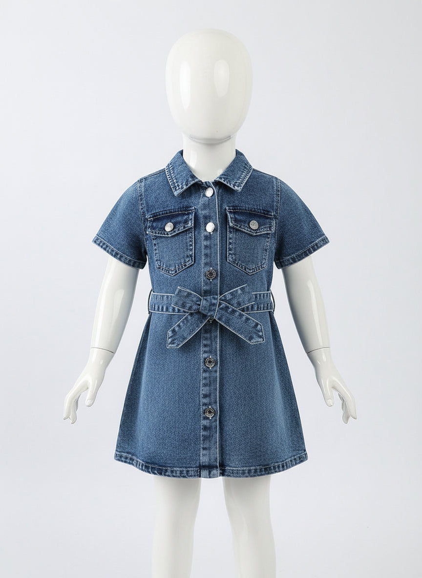 Vestido vaquero de manga corta con cinturon