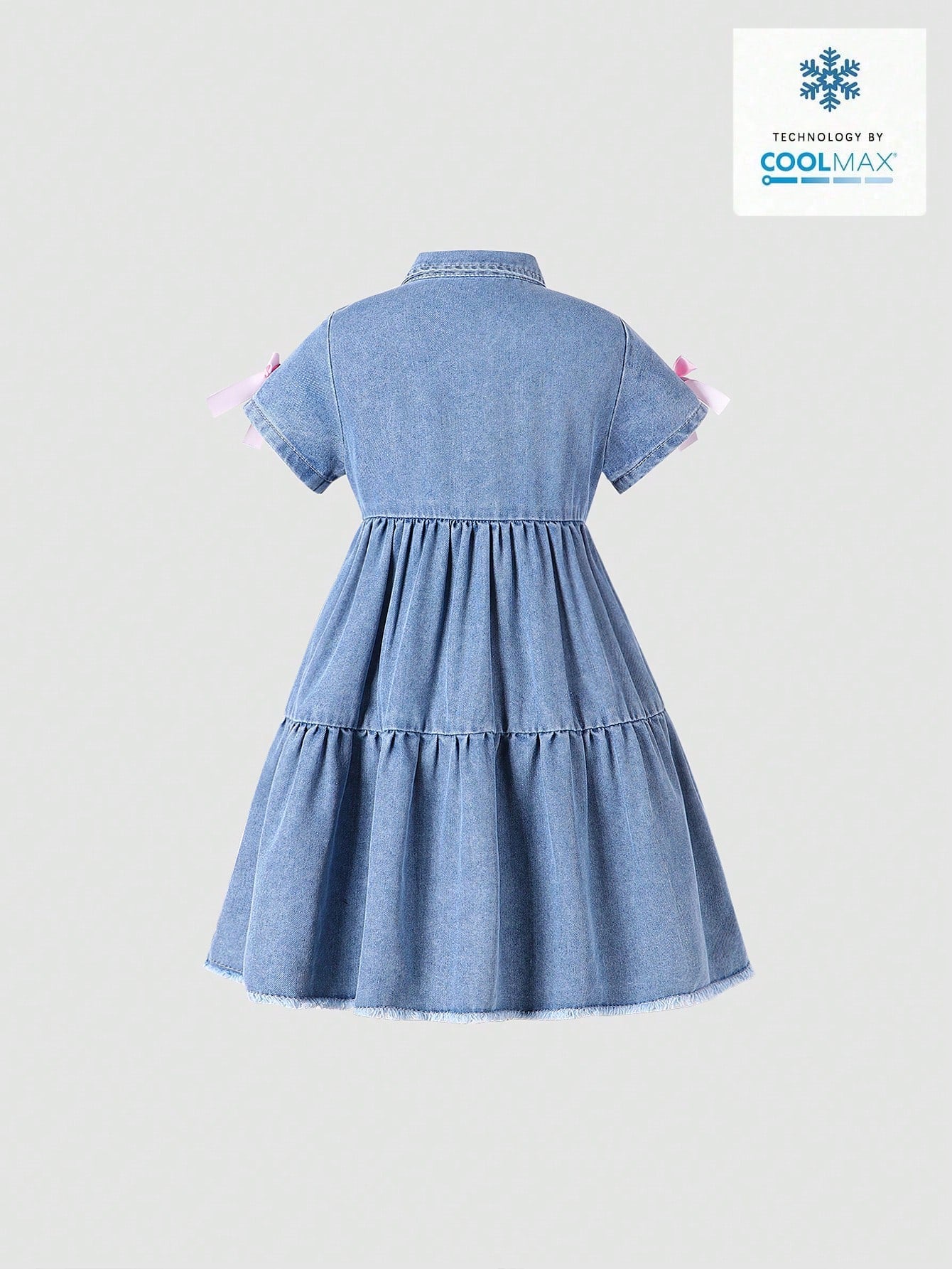 Vestido vaquero largo de manga corta con cuello decorativo de lazo, con lavado claro, de estilo suelto, casual y cómodo para niñas