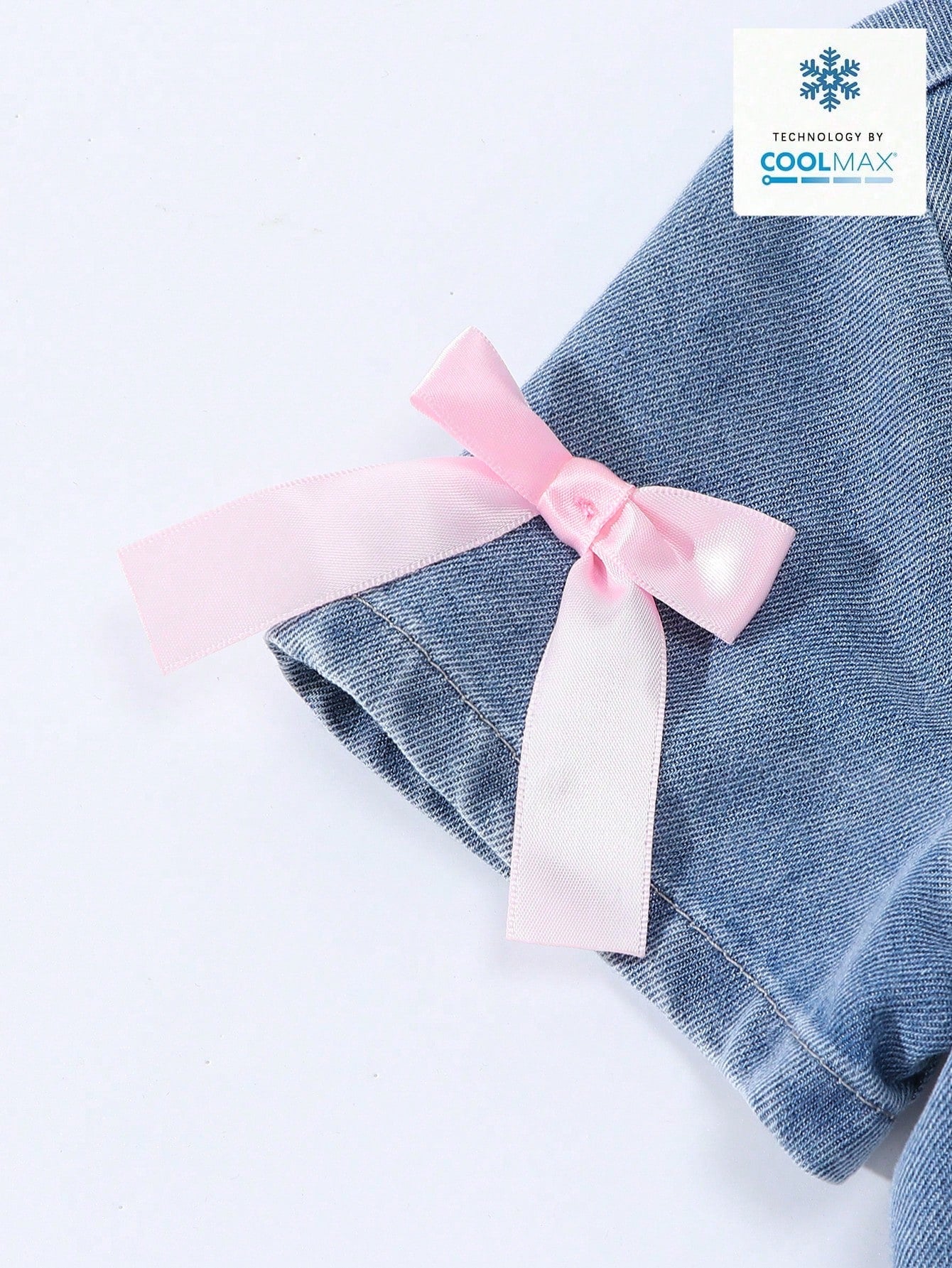 Vestido vaquero largo de manga corta con cuello decorativo de lazo, con lavado claro, de estilo suelto, casual y cómodo para niñas