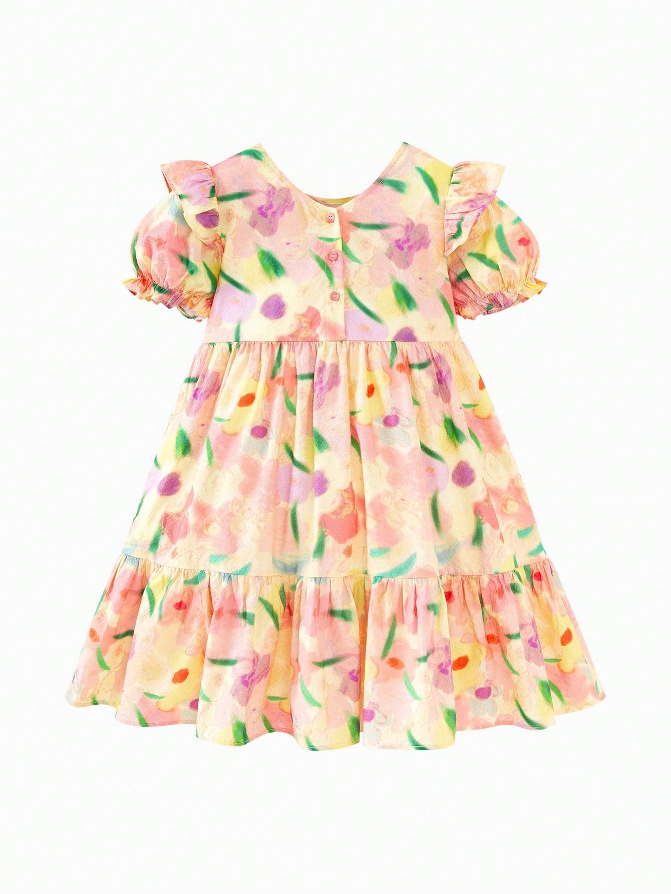 Vestido colorido de manga corta con mangas globo suave y transpirable para niñas