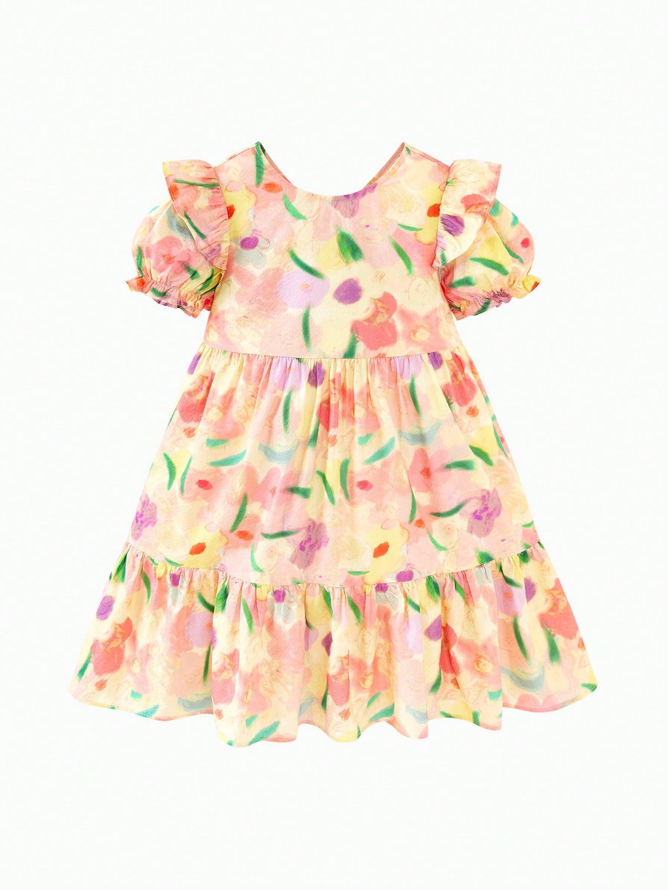 Vestido colorido de manga corta con mangas globo suave y transpirable para niñas