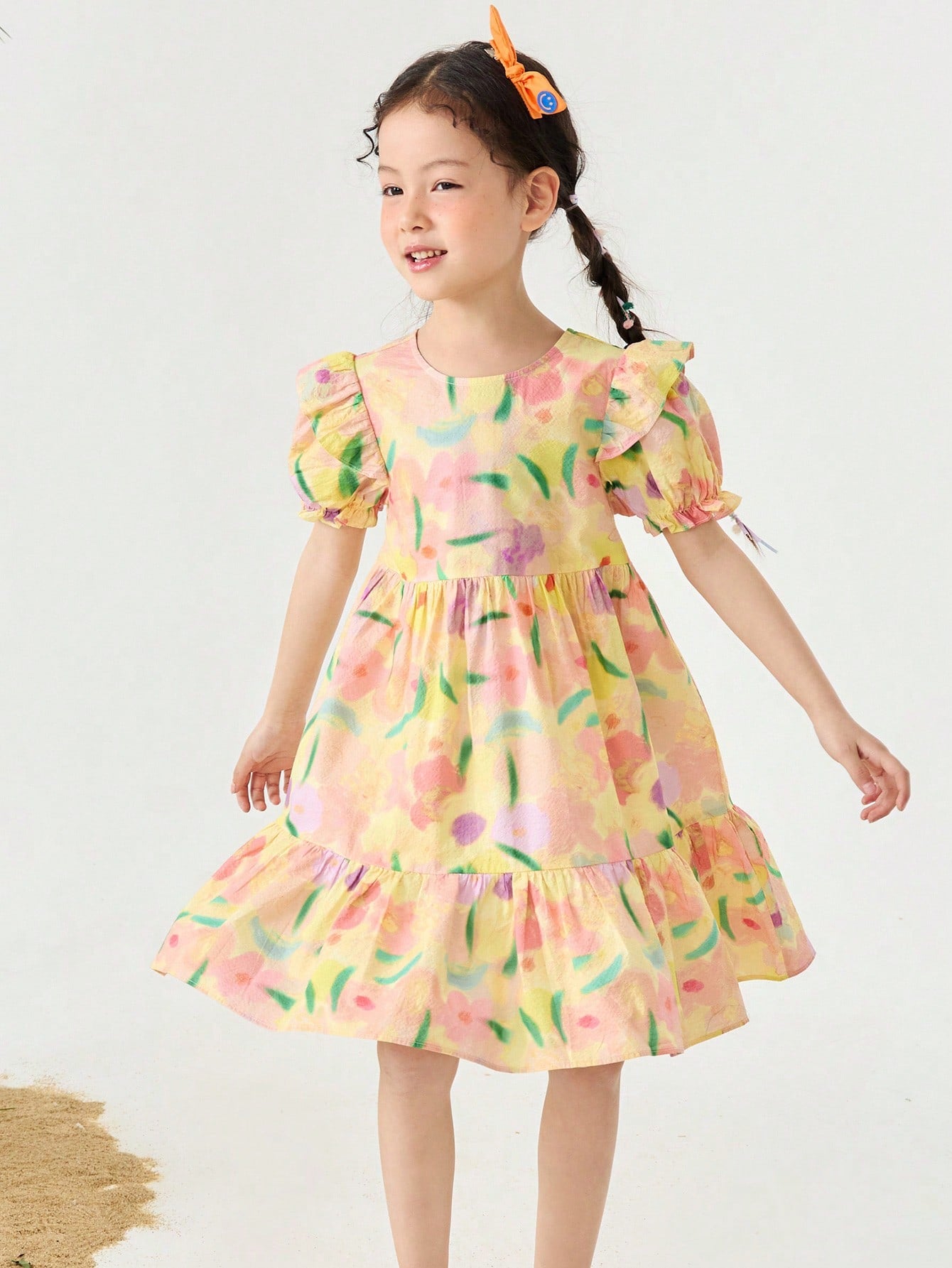 Vestido colorido de manga corta con mangas globo suave y transpirable para niñas