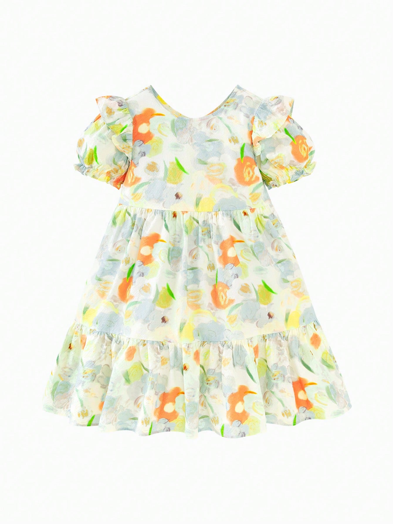 Vestido colorido de manga corta con mangas globo suave y transpirable para niñas