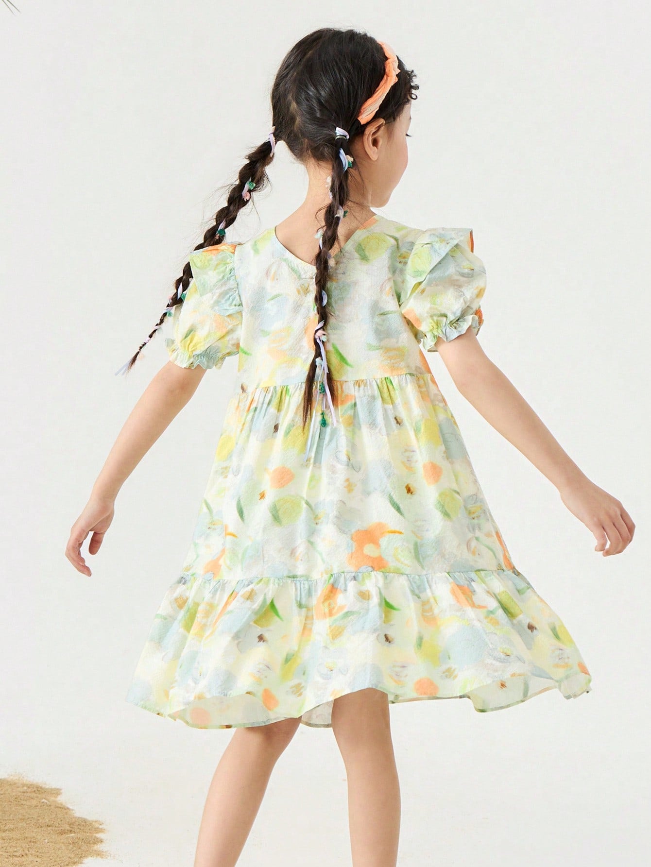 Vestido colorido de manga corta con mangas globo suave y transpirable para niñas