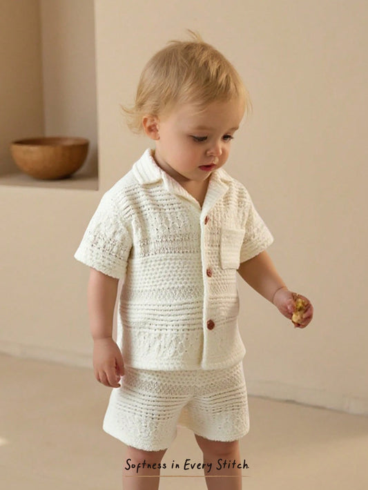 Conjunto 2 piezas de top de manga corta con cuello de punto suave y pantalones cortos de cintura elástica de bloques de color para bebé niño