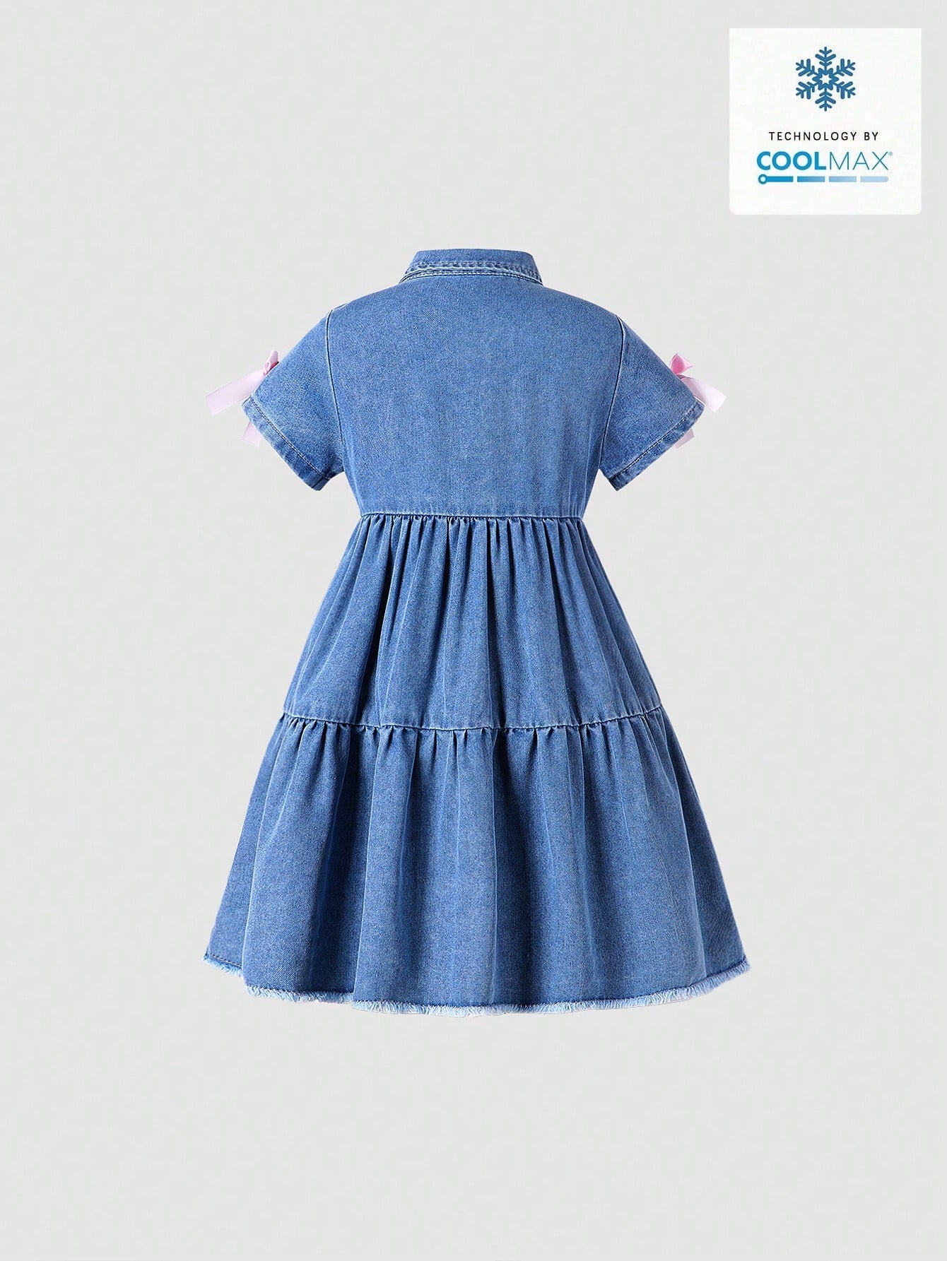 Vestido vaquero largo de manga corta con cuello decorativo de lazo, con lavado claro, de estilo suelto, casual y cómodo para niñas