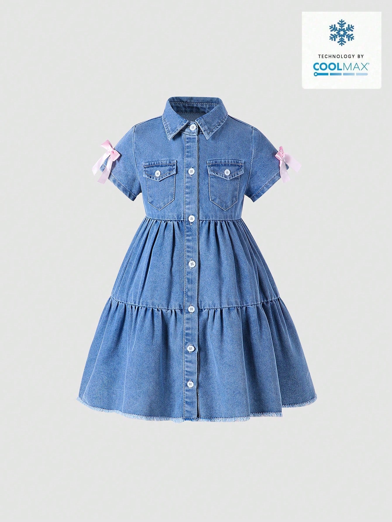 Vestido vaquero largo de manga corta con cuello decorativo de lazo, con lavado claro, de estilo suelto, casual y cómodo para niñas