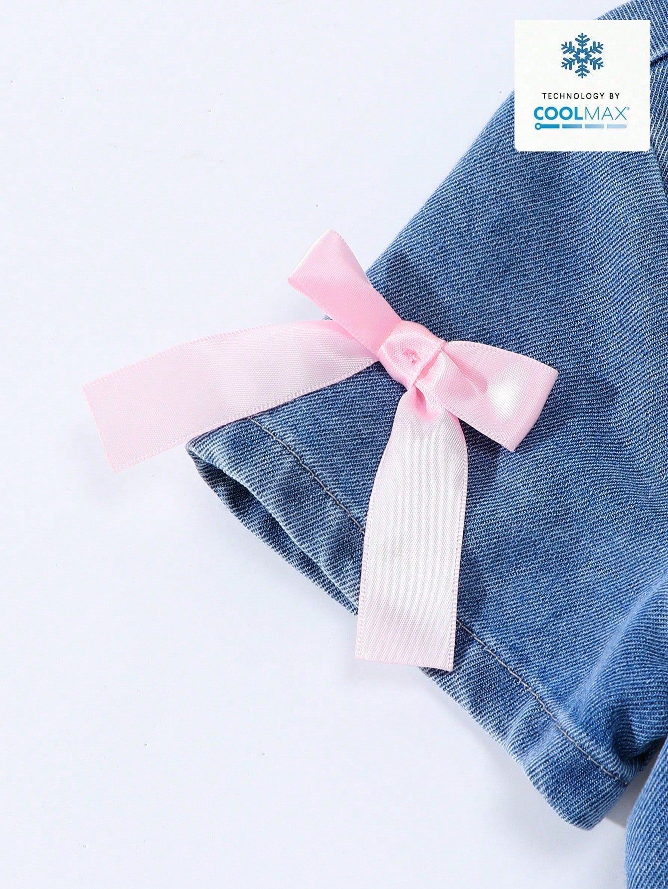 Vestido vaquero largo de manga corta con cuello decorativo de lazo, con lavado claro, de estilo suelto, casual y cómodo para niñas