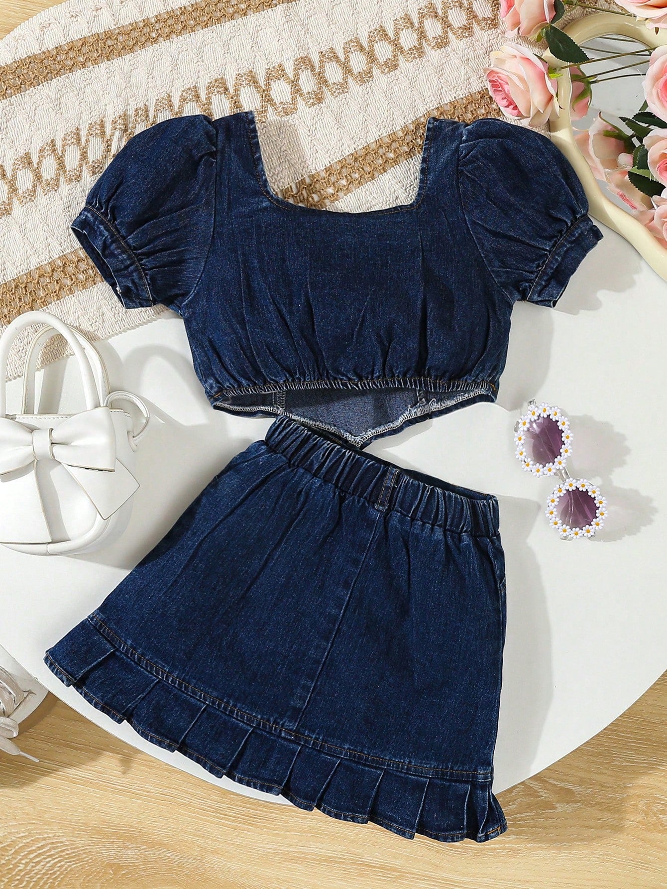 Chaqueta vaquera de manga abullonada con falda vaquera acampanada y cinturón, conjunto de moda casual