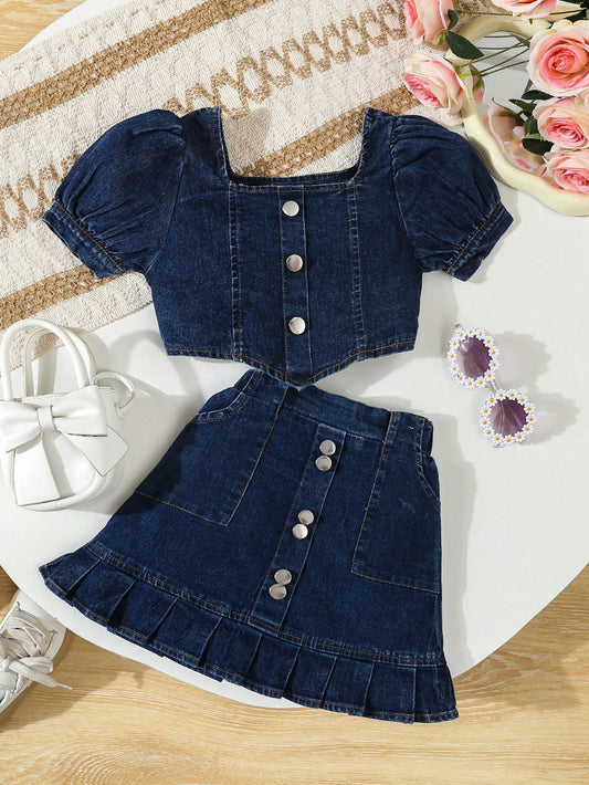 Chaqueta vaquera de manga abullonada con falda vaquera acampanada y cinturón, conjunto de moda casual