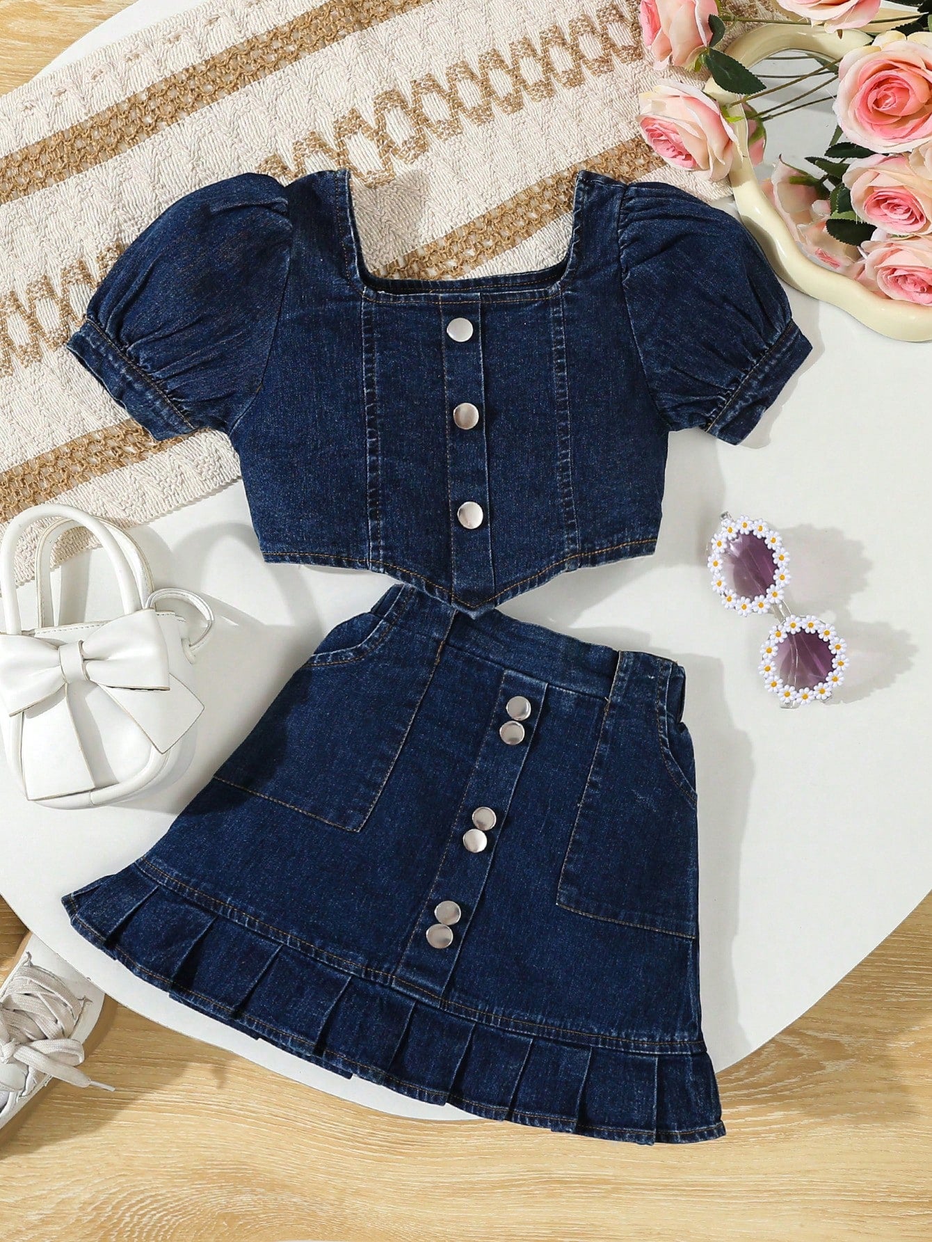 Chaqueta vaquera de manga abullonada con falda vaquera acampanada y cinturón, conjunto de moda casual