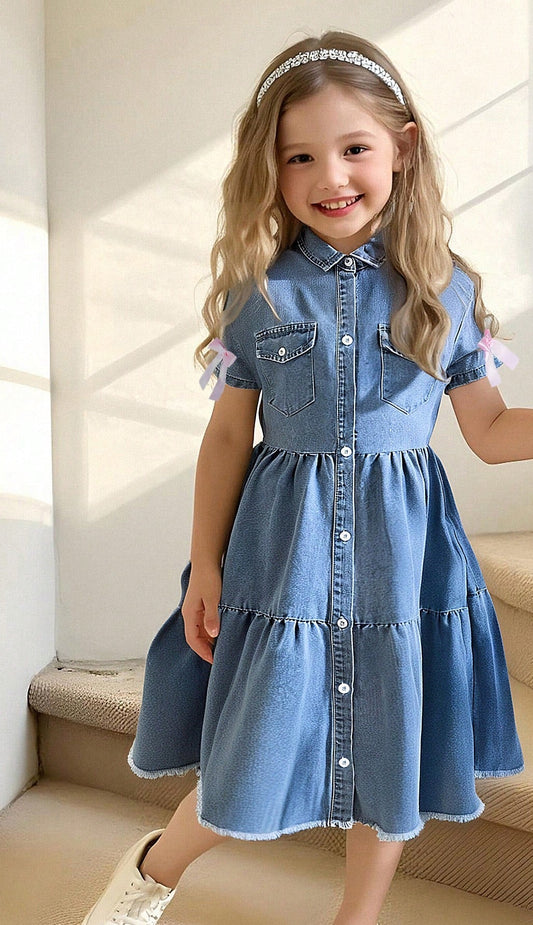 Vestido vaquero azul claro de manga corta y cuello decorado