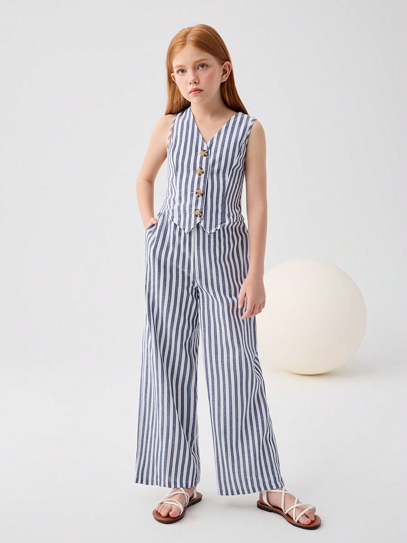 Conjunto de 2 piezas Chaleco a rayas contrastante y pantalones de pierna ancha, estilo casual de vacaciones