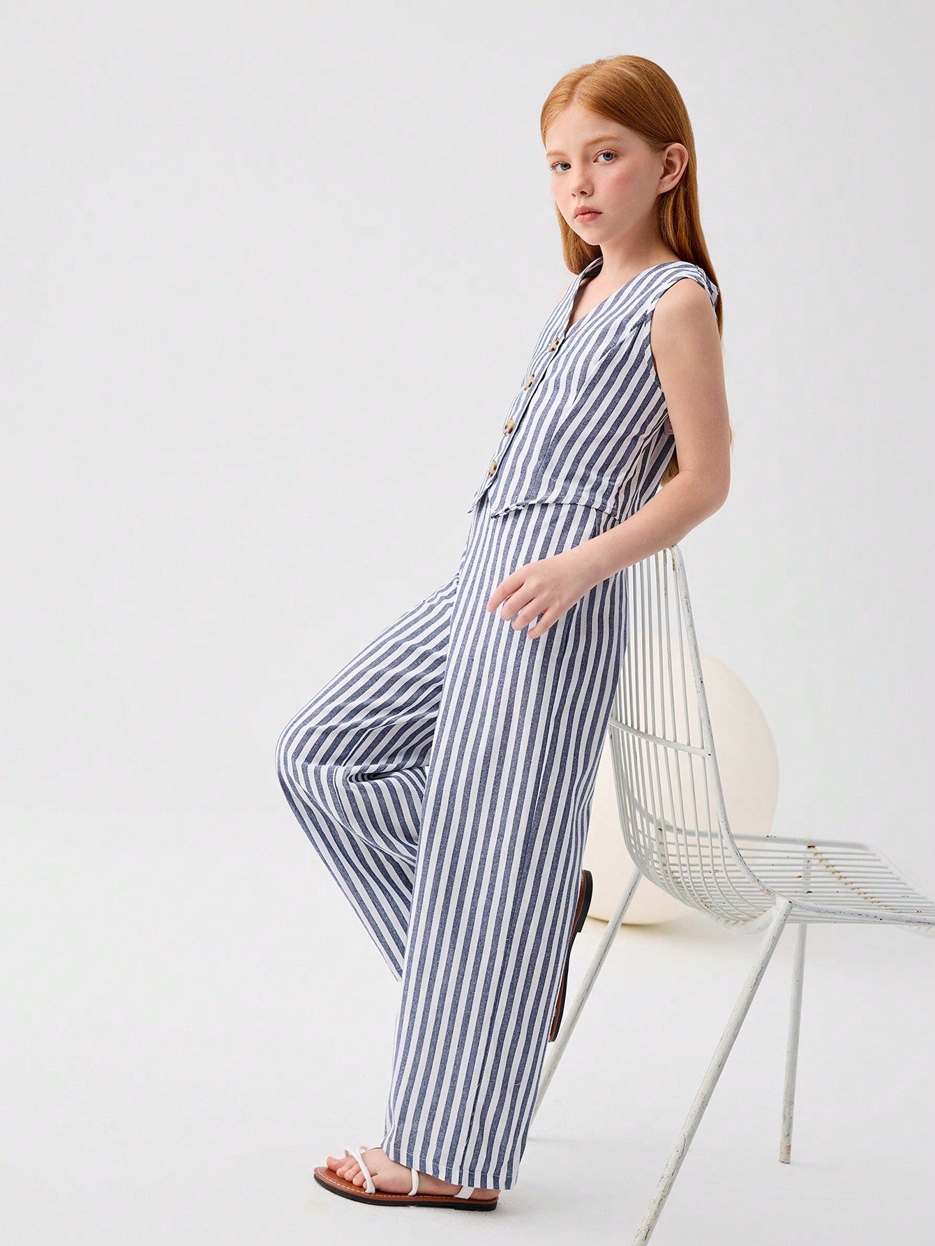 Conjunto de 2 piezas Chaleco a rayas contrastante y pantalones de pierna ancha, estilo casual de vacaciones