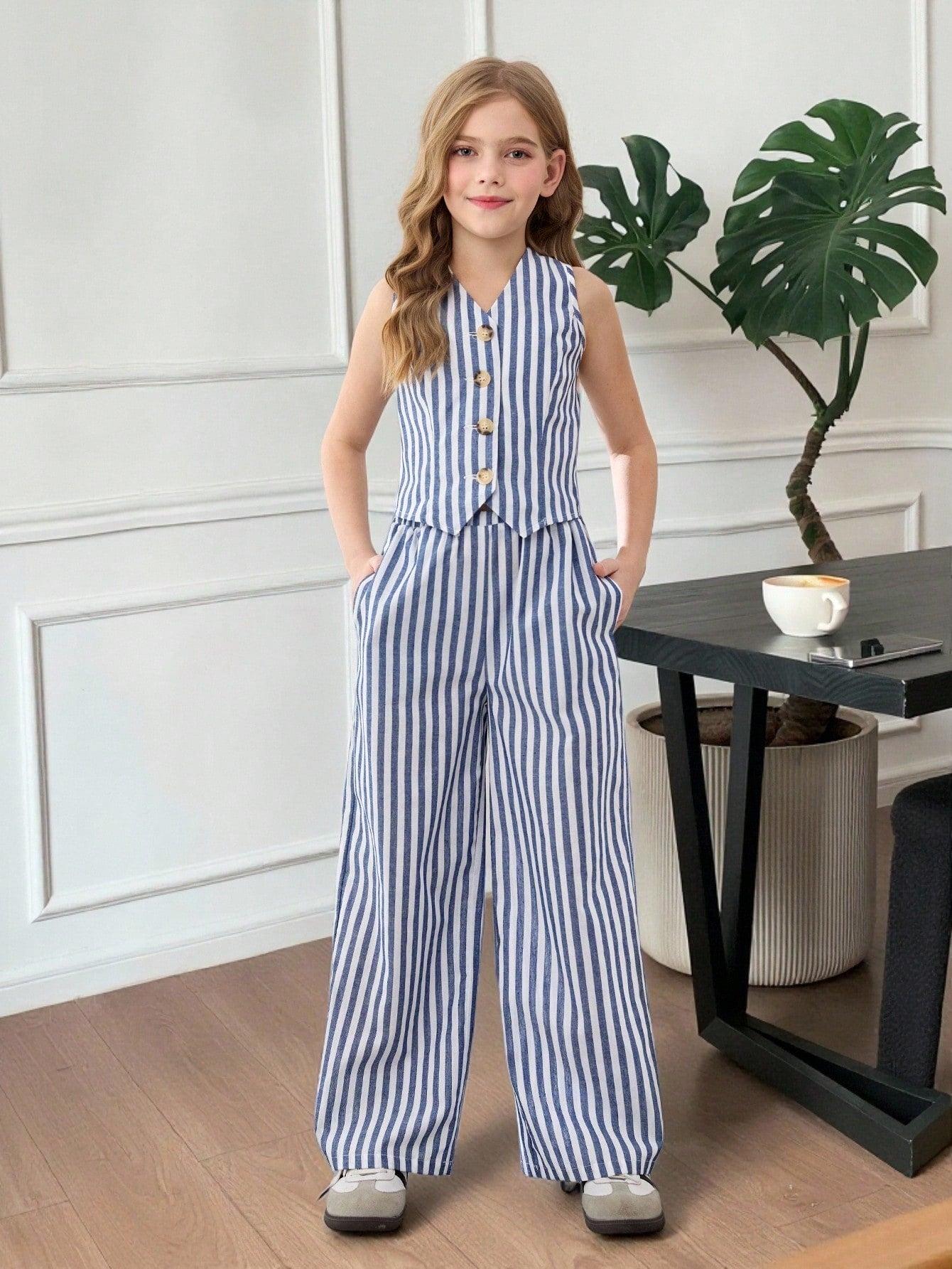 Conjunto de 2 piezas Chaleco a rayas contrastante y pantalones de pierna ancha, estilo casual de vacaciones