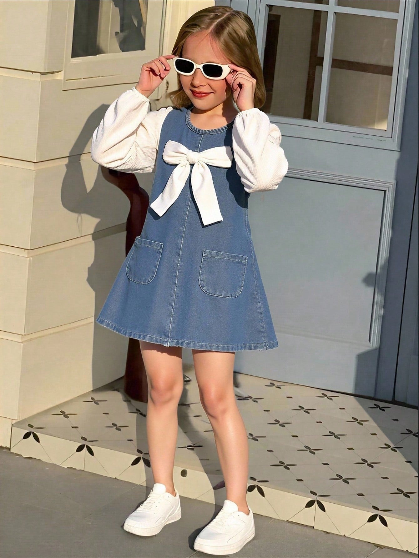 Vestido vaquero para niñas con decoración de lazo, mangas de patchwork, estilo casual y lindo, adecuado para primavera, verano, vacaciones, vuelta al colegio, todo el año