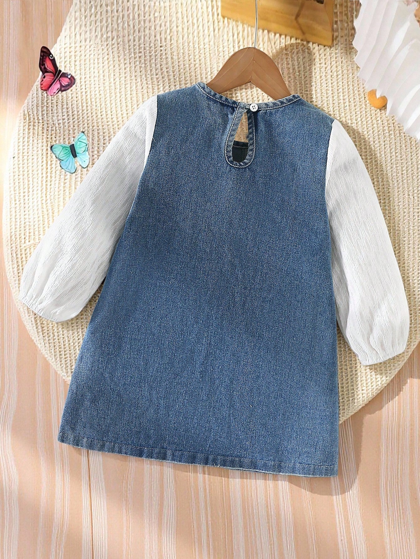 Vestido vaquero para niñas con decoración de lazo, mangas de patchwork, estilo casual y lindo, adecuado para primavera, verano, vacaciones, vuelta al colegio, todo el año