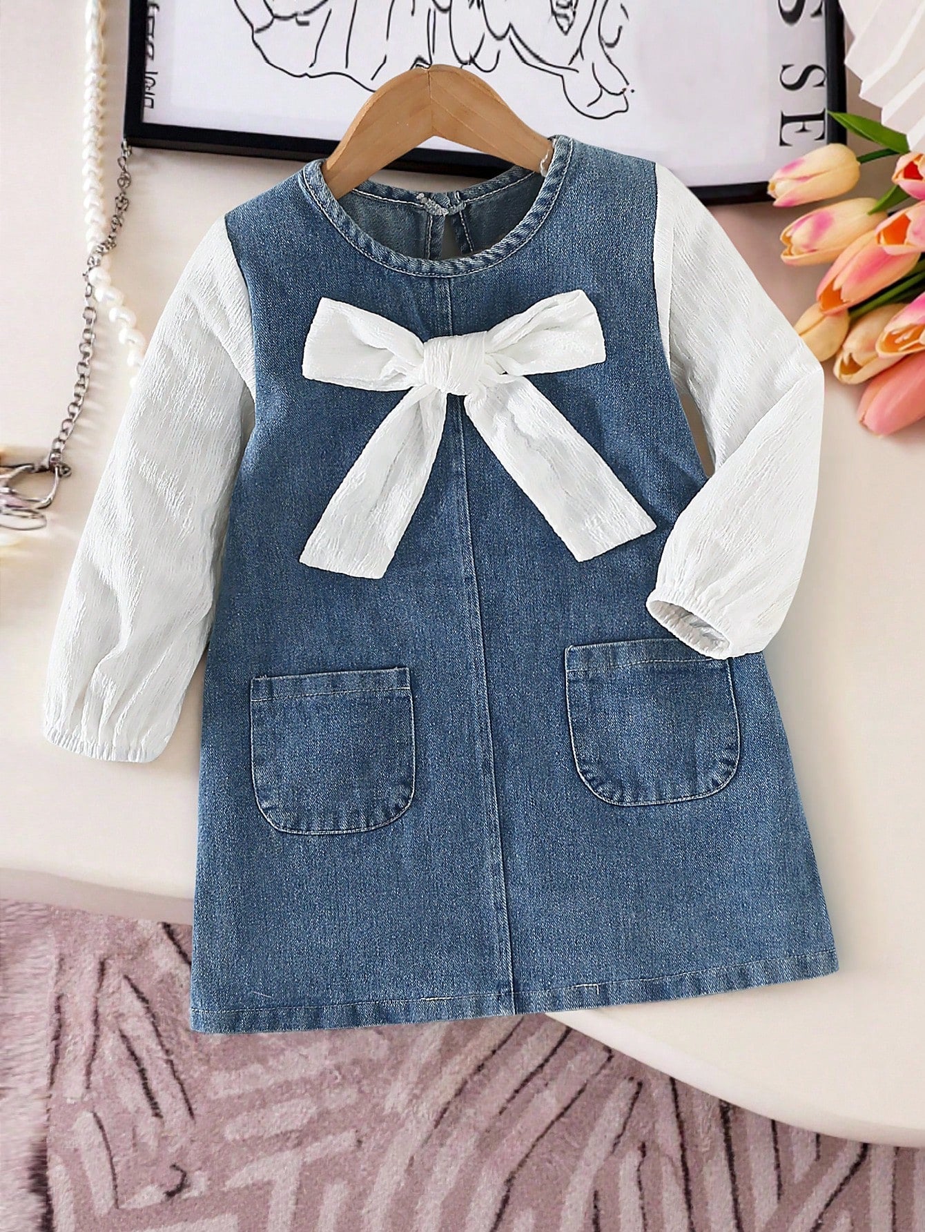 Vestido vaquero para niñas con decoración de lazo, mangas de patchwork, estilo casual y lindo, adecuado para primavera, verano, vacaciones, vuelta al colegio, todo el año