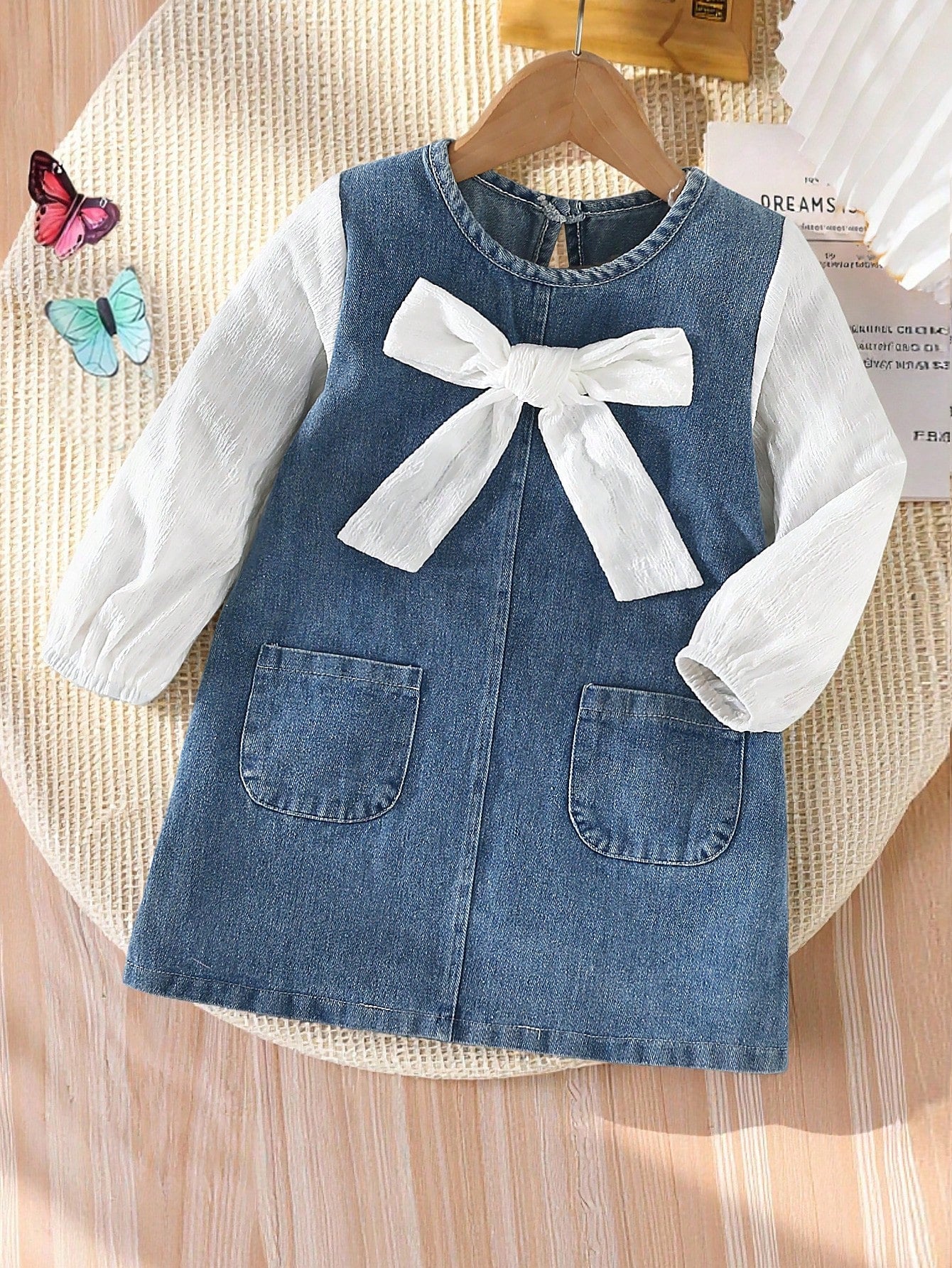 Vestido vaquero para niñas con decoración de lazo, mangas de patchwork, estilo casual y lindo, adecuado para primavera, verano, vacaciones, vuelta al colegio, todo el año