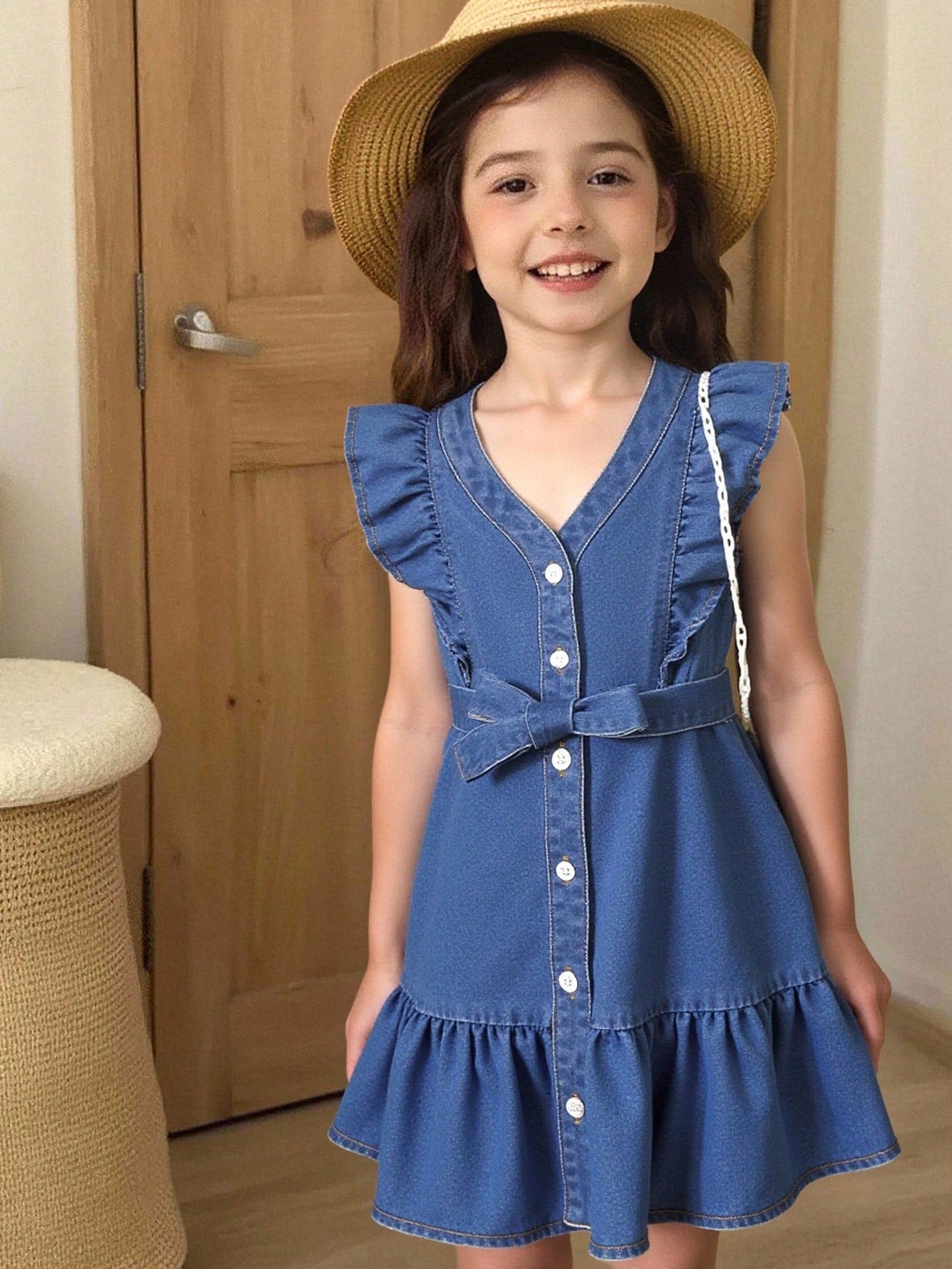 SHEIN Vintaside Kids Vestido de mezclilla de lavado medio azul con mangas con gorra y cinturón de cintura, estilo de vacaciones para niñas jóvenes