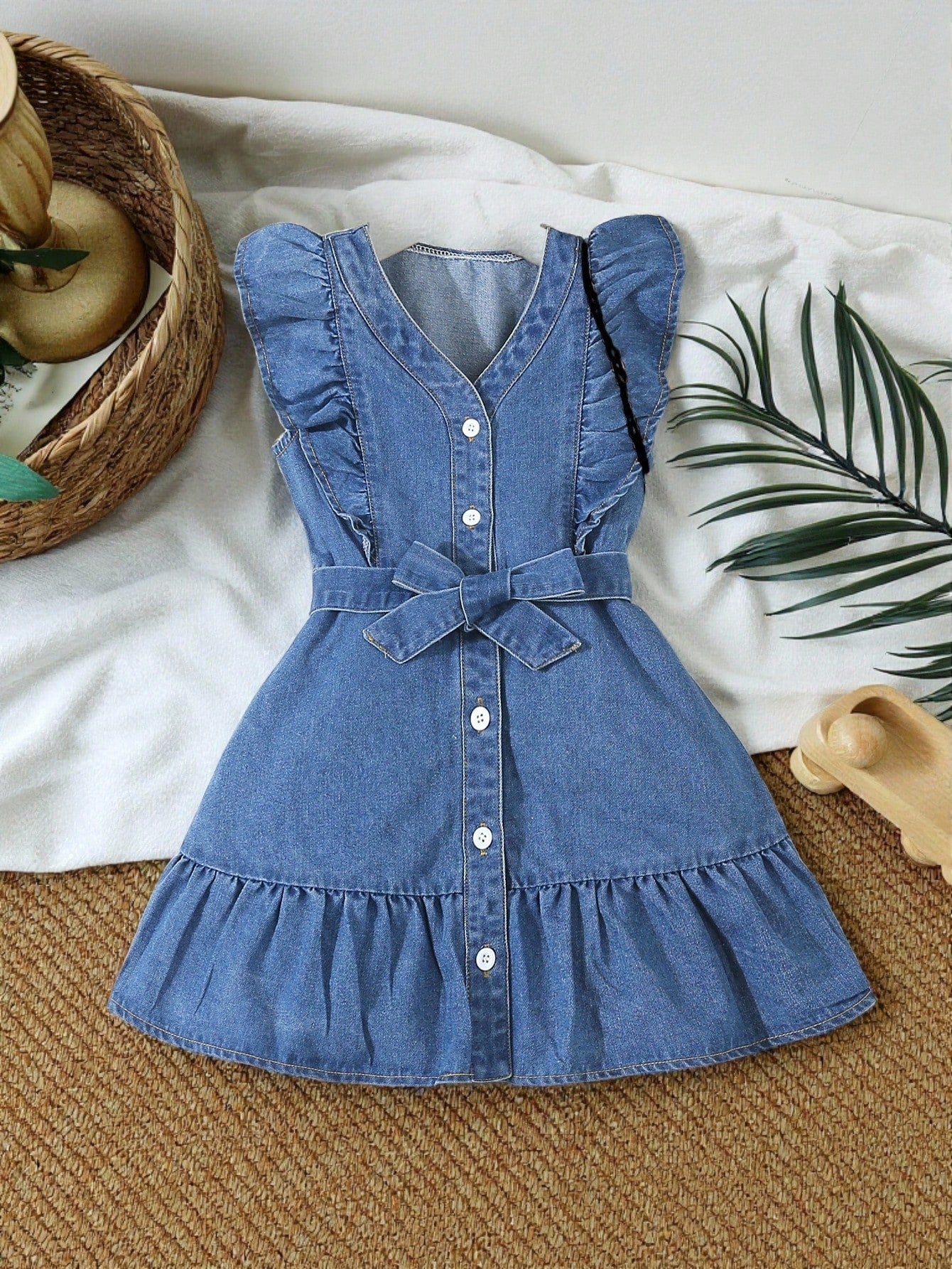 SHEIN Vintaside Kids Vestido de mezclilla de lavado medio azul con mangas con gorra y cinturón de cintura, estilo de vacaciones para niñas jóvenes